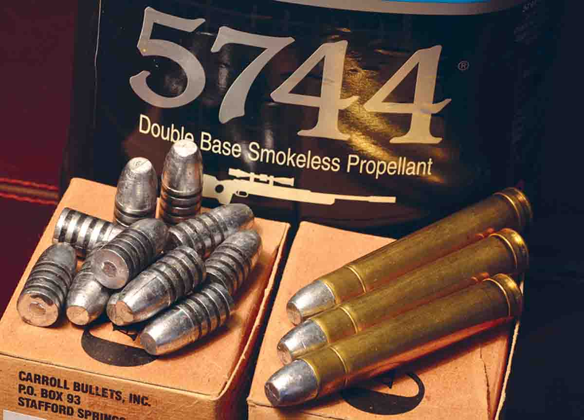 The .450 Ackley can be loaded down to .45-70 levels using lead bullets like the Carroll Bullets 405-grain bullet and  Accurate 5744 powder.